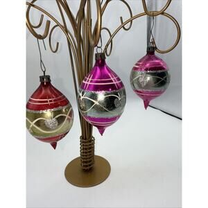 3 VINTAGE POLAND PINK SILVER GLITTERED HEARTS TEARDROP GLASS CHRISTMAS ORNAMENT